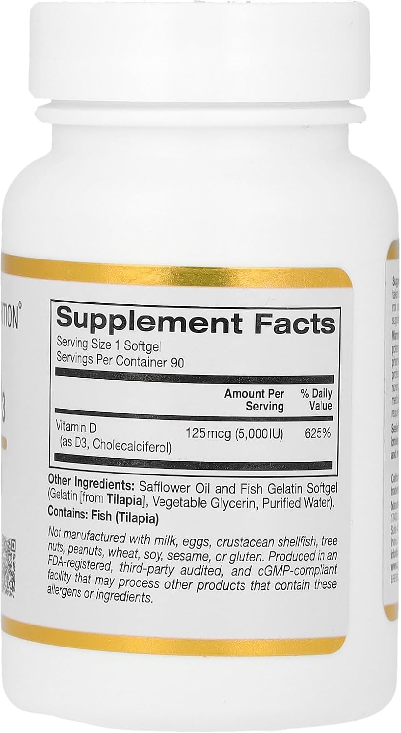 California Gold Nutrition، مکمل ویتامین D3، 125 میکروگرم و 5,000 IU، سافت‌ژل