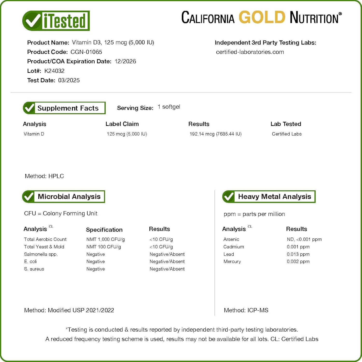 California Gold Nutrition، مکمل ویتامین D3، 125 میکروگرم و 5,000 IU، سافت‌ژل