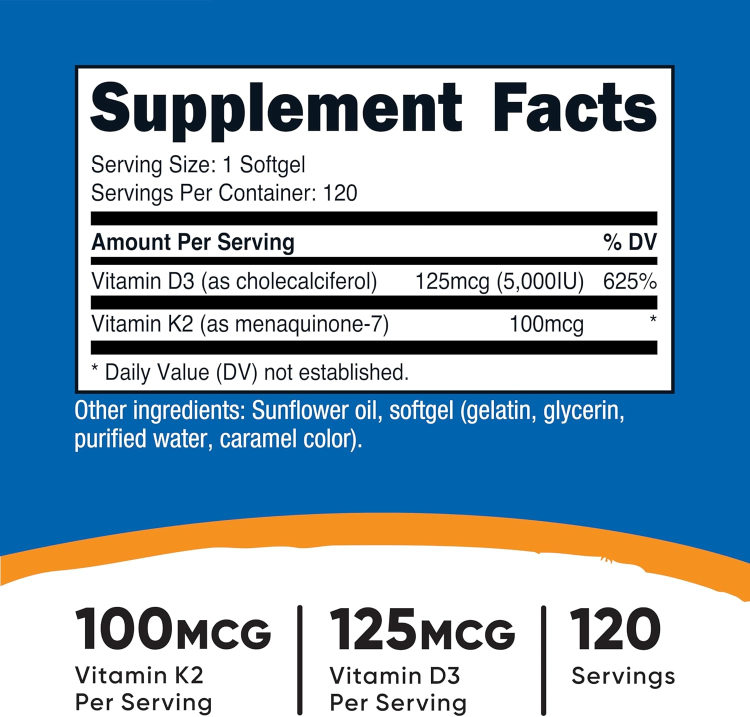 Nutricost، مکمل ویتامین D3 و K2، 100 میکروگرم و 5000 IU، 120 سافت‌ژل