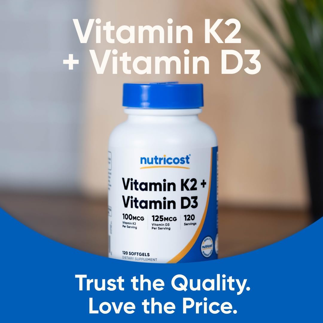 Nutricost، مکمل ویتامین D3 و K2، 100 میکروگرم و 5000 IU، 120 سافت‌ژل
