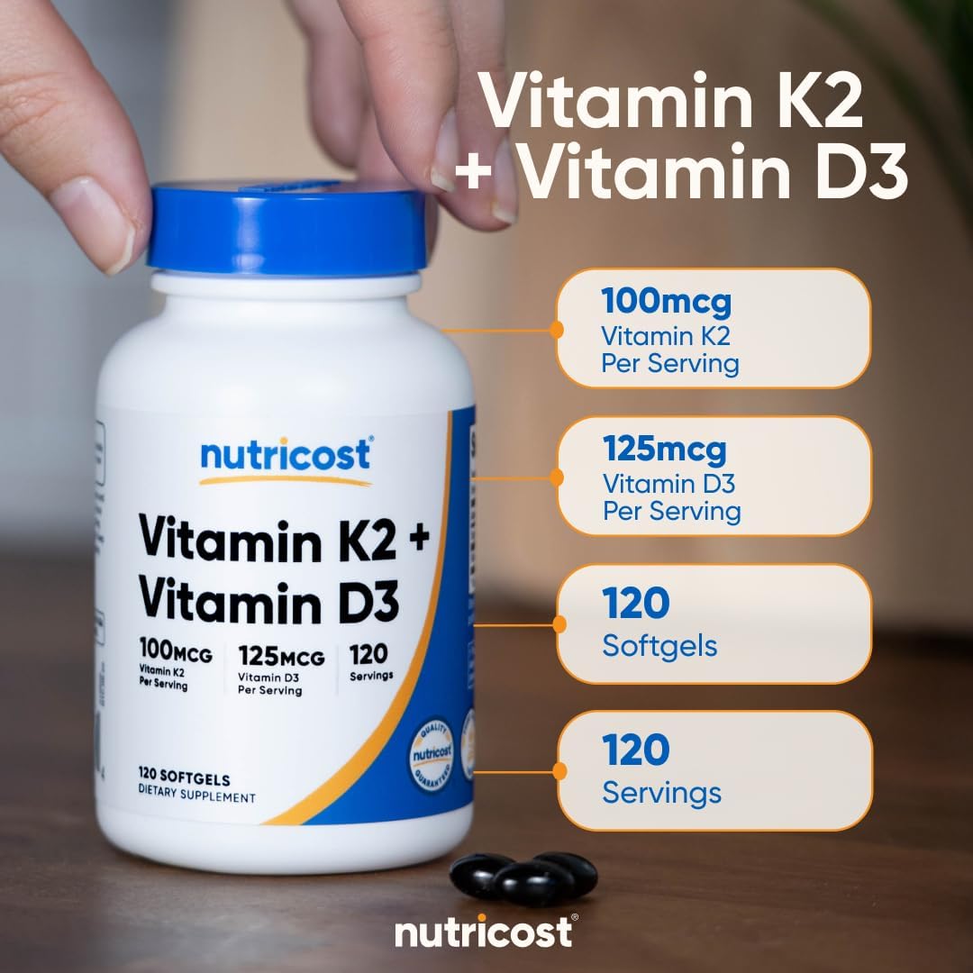 Nutricost، مکمل ویتامین D3 و K2، 100 میکروگرم و 5000 IU، 120 سافت‌ژل
