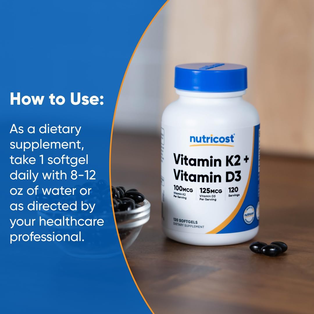 Nutricost، مکمل ویتامین D3 و K2، 100 میکروگرم و 5000 IU، 120 سافت‌ژل