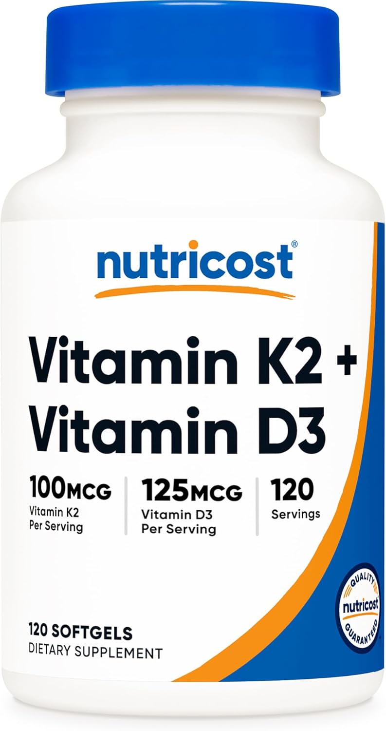 Nutricost، مکمل ویتامین D3 و K2، 100 میکروگرم و 5000 IU، 120 سافت‌ژل