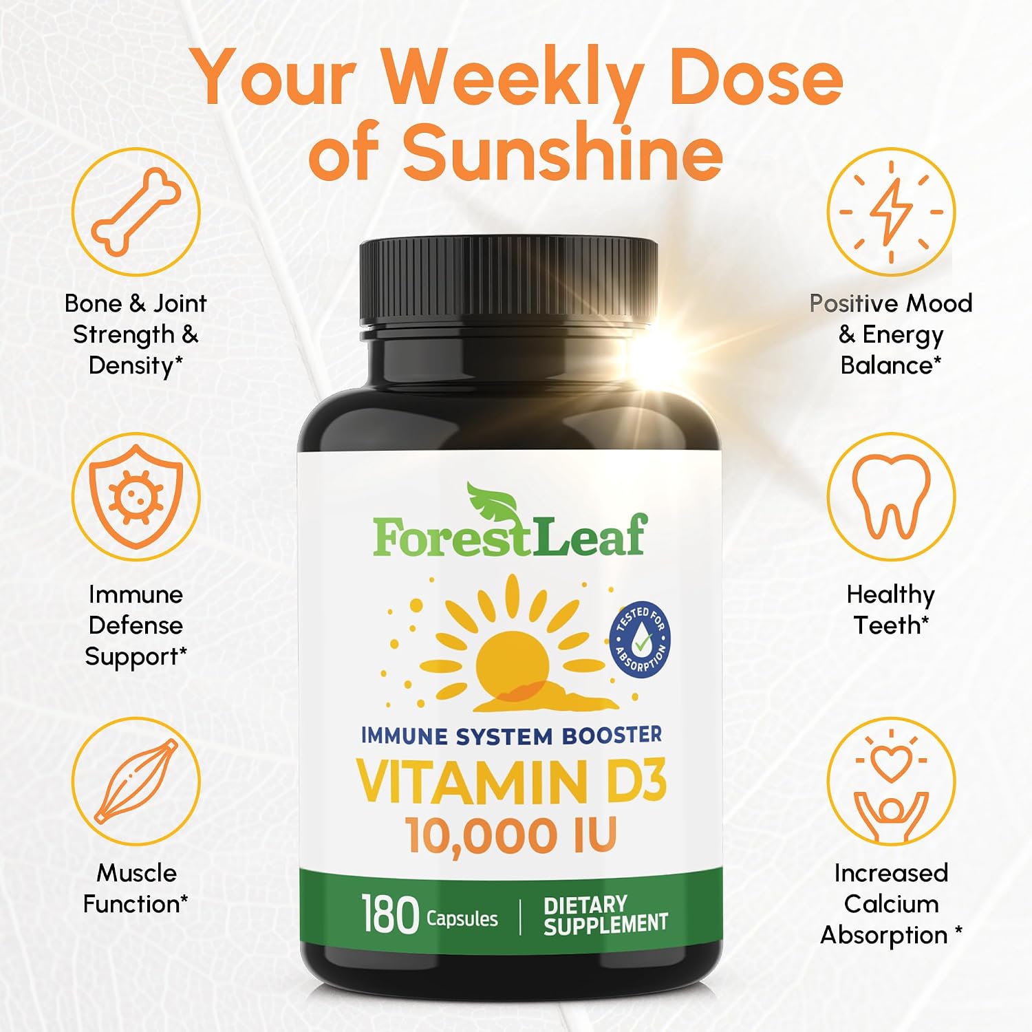 ForestLeaf، مکمل ویتامین D3، 10,000 IU و 10000 IU، کپسول