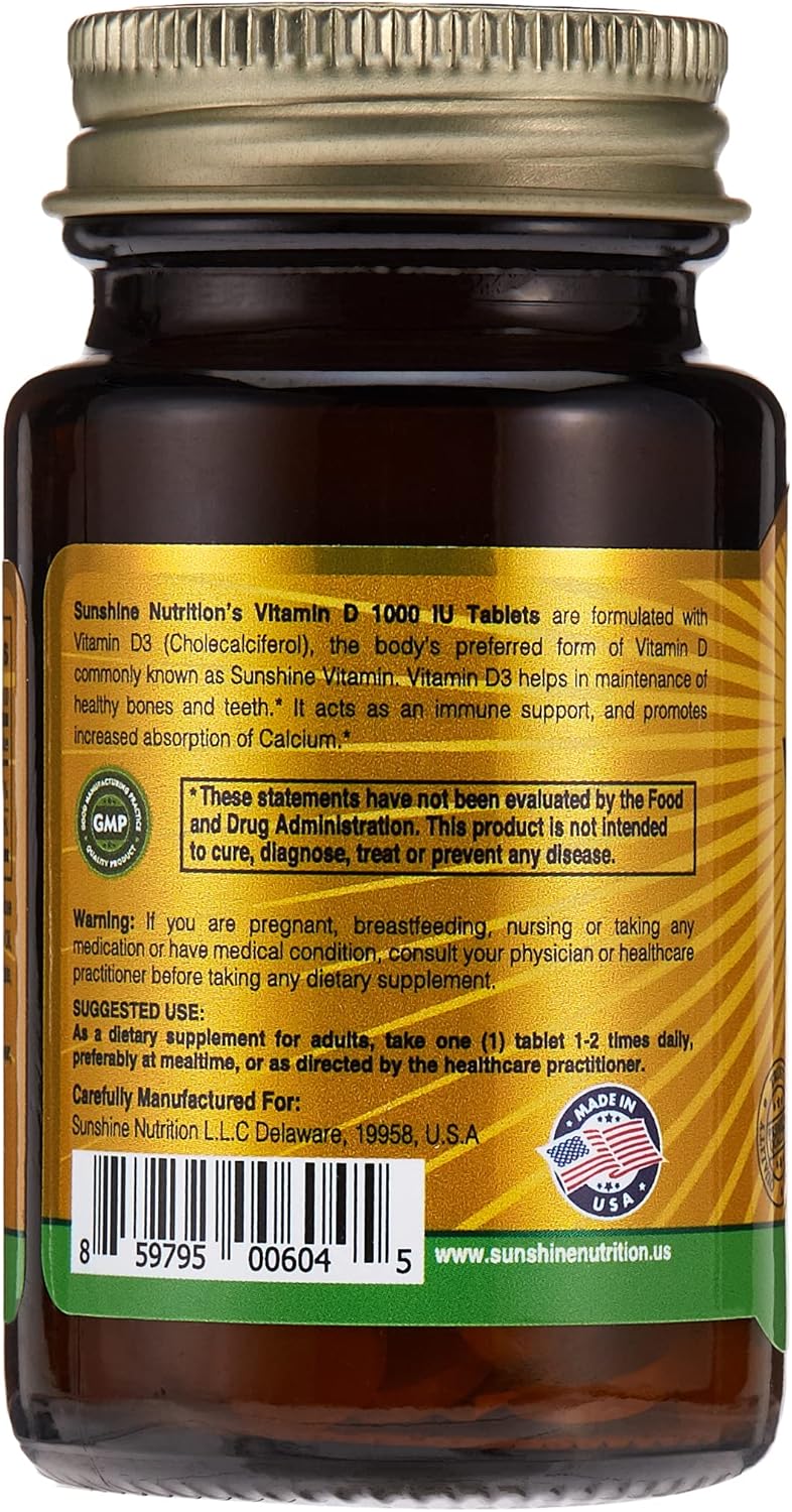 Sunshine Nutrition، مکمل ویتامین D3، 1000 IU، 100 قرص
