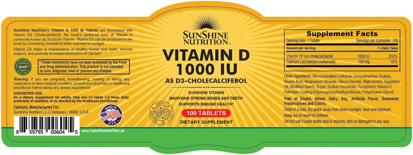 Sunshine Nutrition، مکمل ویتامین D3، 1000 IU، 100 قرص