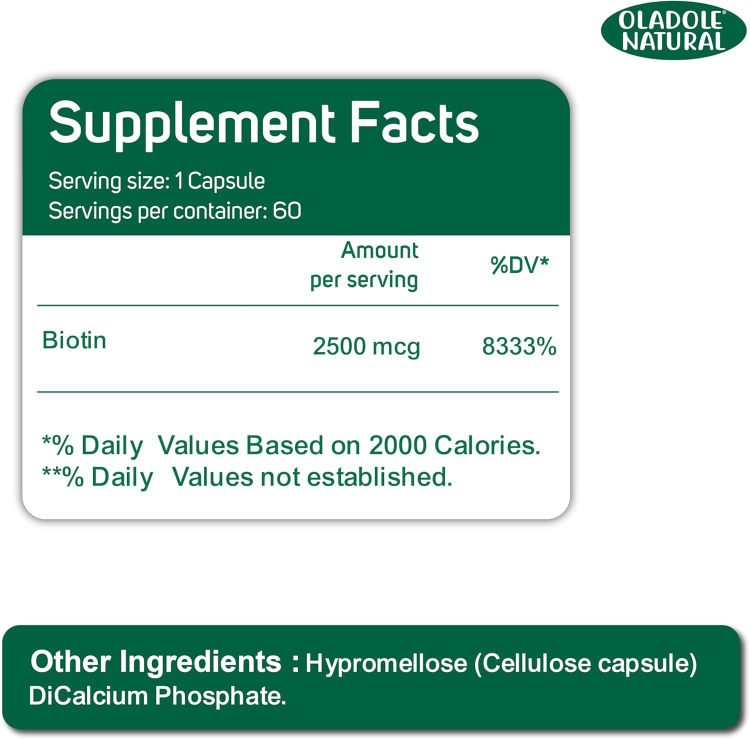 Oladole Natural، مکمل مو، پوست و ناخن، 2500 میکروگرم، 60 کپسول