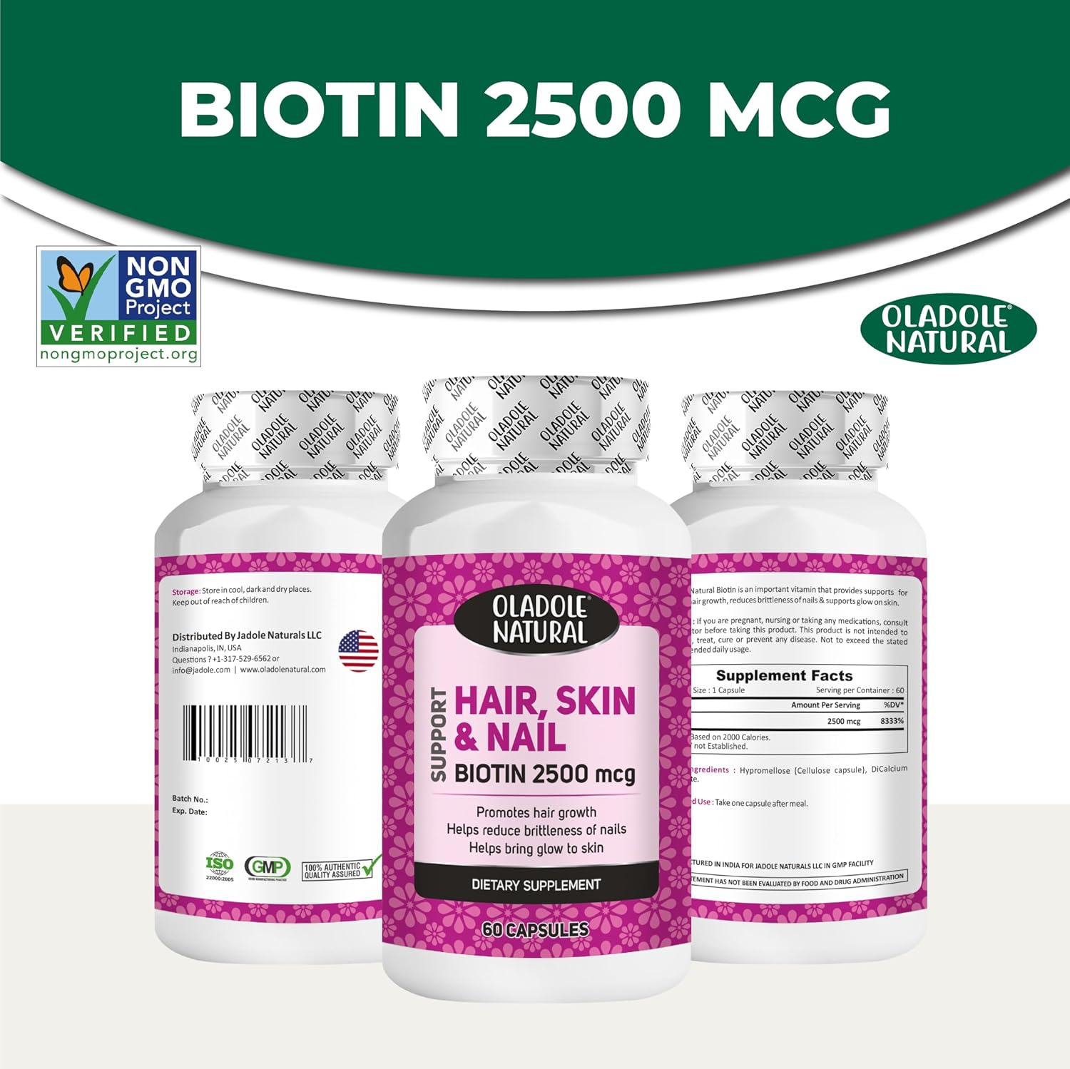 Oladole Natural، مکمل مو، پوست و ناخن، 2500 میکروگرم، 60 کپسول