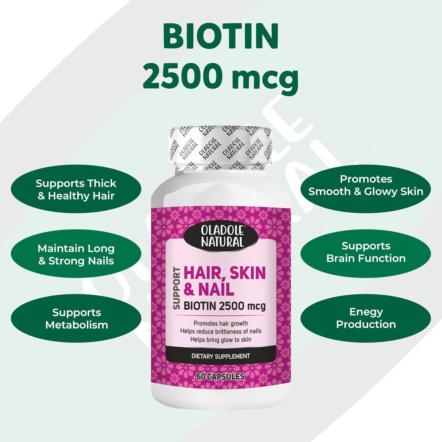 Oladole Natural، مکمل مو، پوست و ناخن، 2500 میکروگرم، 60 کپسول