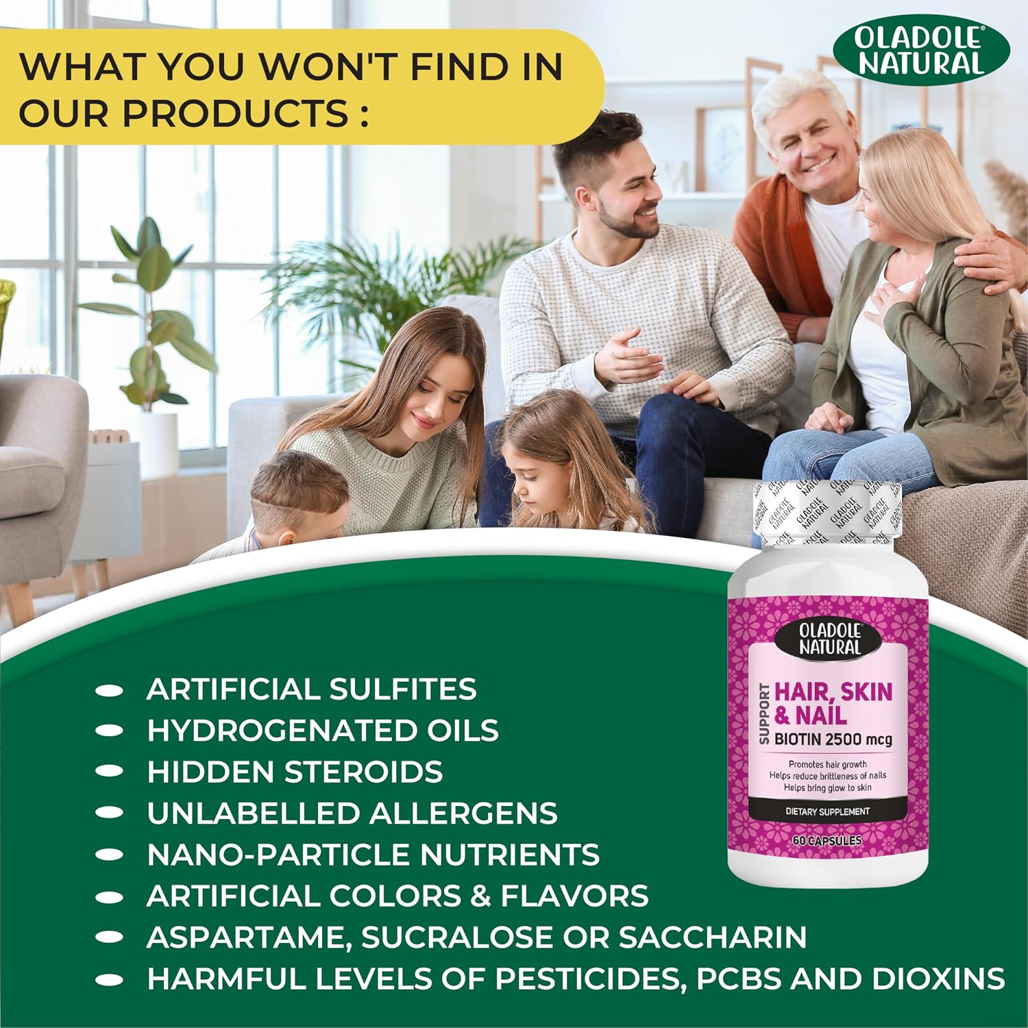 Oladole Natural، مکمل مو، پوست و ناخن، 2500 میکروگرم، 60 کپسول
