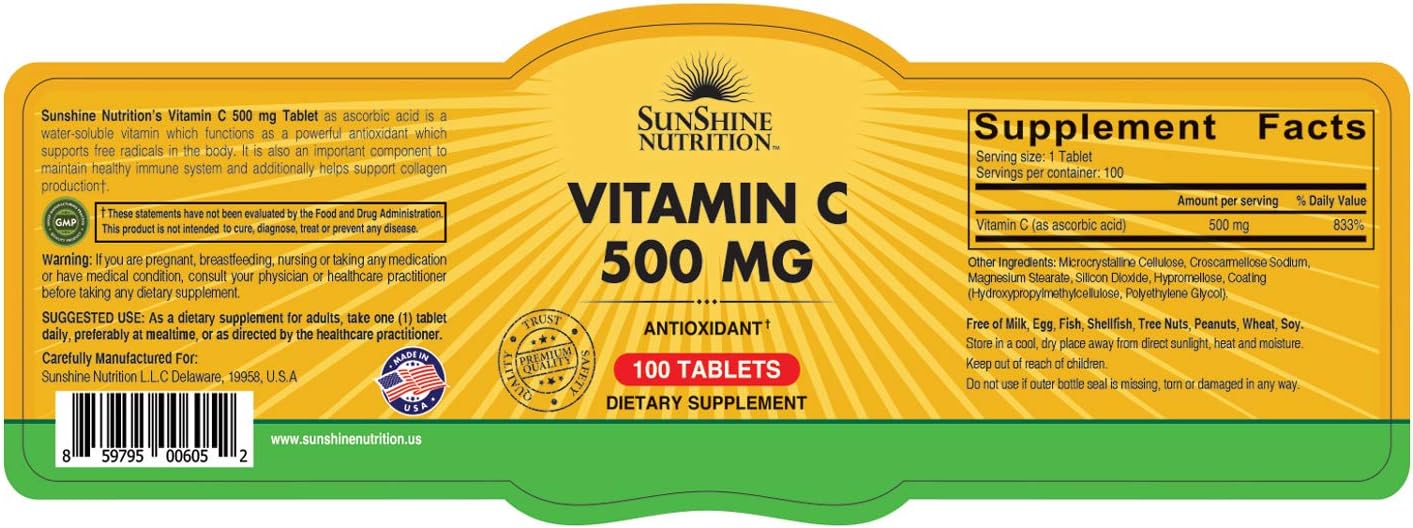 Sunshine Nutrition، مکمل ویتامین C، 500 میلی‌گرم، 100 قرص