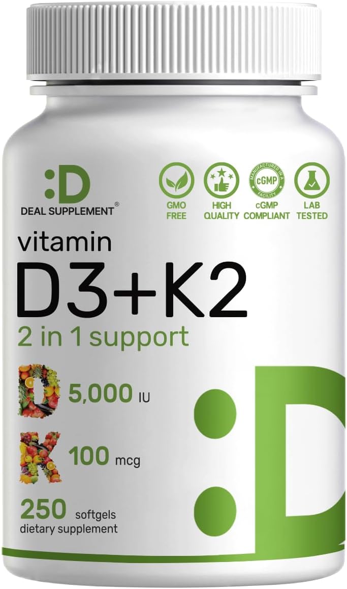 DEAL SUPPLEMENT، مکمل ویتامین D3 و K2، مدل D3 K2، 5000 IU، 2 سافت‌ژل