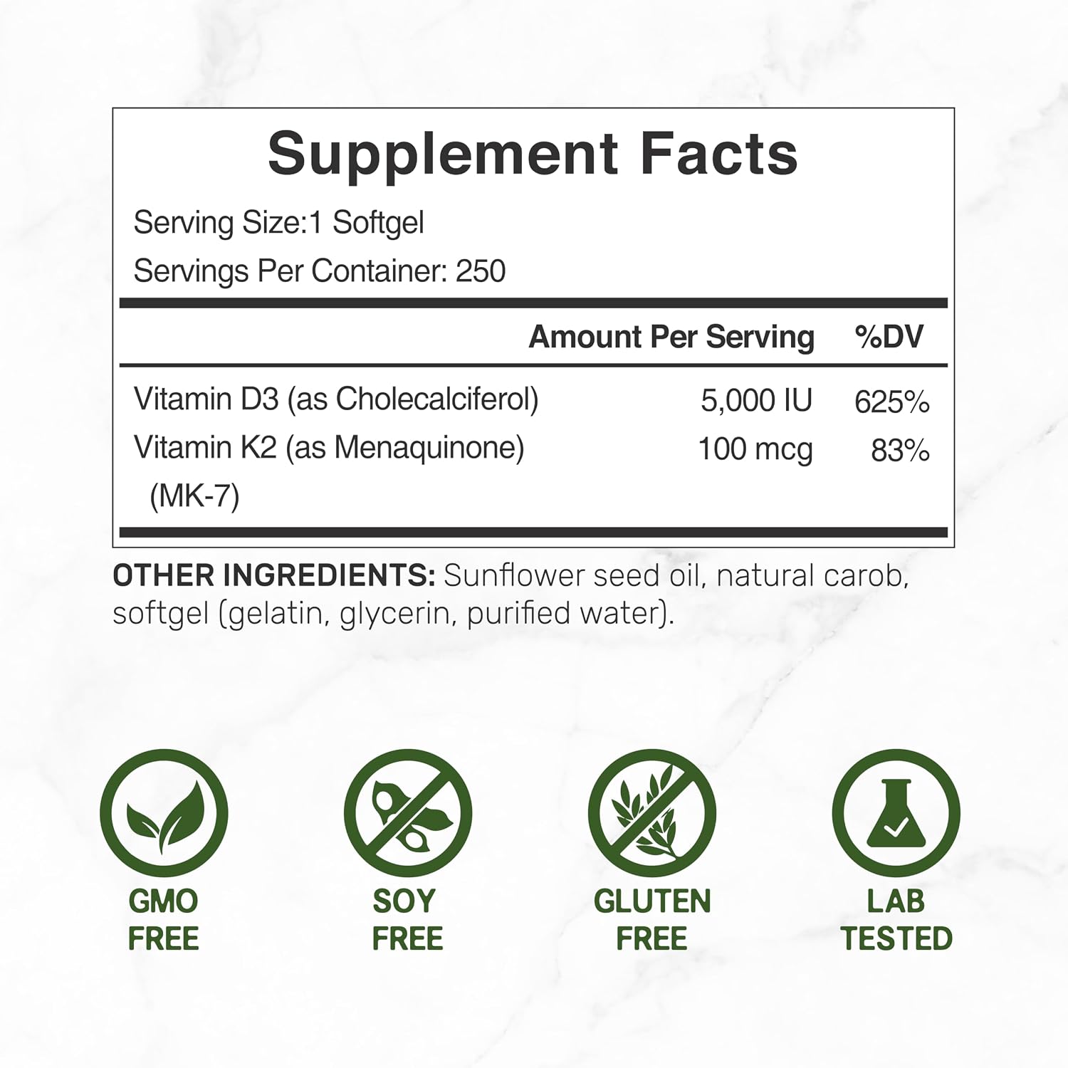 DEAL SUPPLEMENT، مکمل ویتامین D3 و K2، مدل D3 K2، 5000 IU، 2 سافت‌ژل