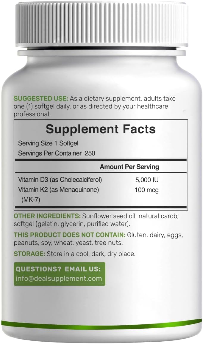 DEAL SUPPLEMENT، مکمل ویتامین D3 و K2، مدل D3 K2، 5000 IU، 2 سافت‌ژل