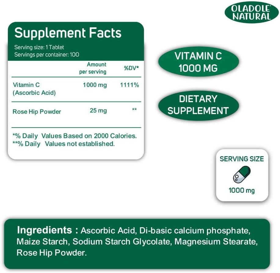Oladole Natural، مکمل ویتامین C، 1000 میلی‌گرم، 100 قرص