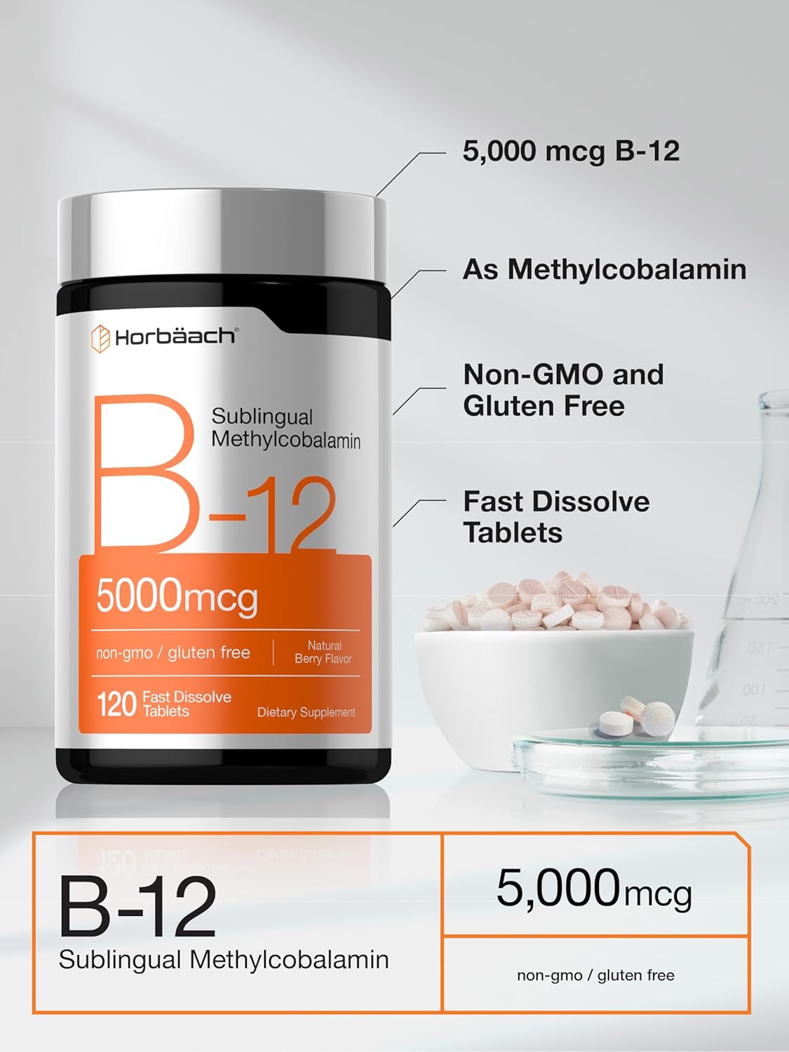 Horbäach، مکمل ویتامین B12، 5000 میکروگرم، قرص زیرزبانی، طعم توت