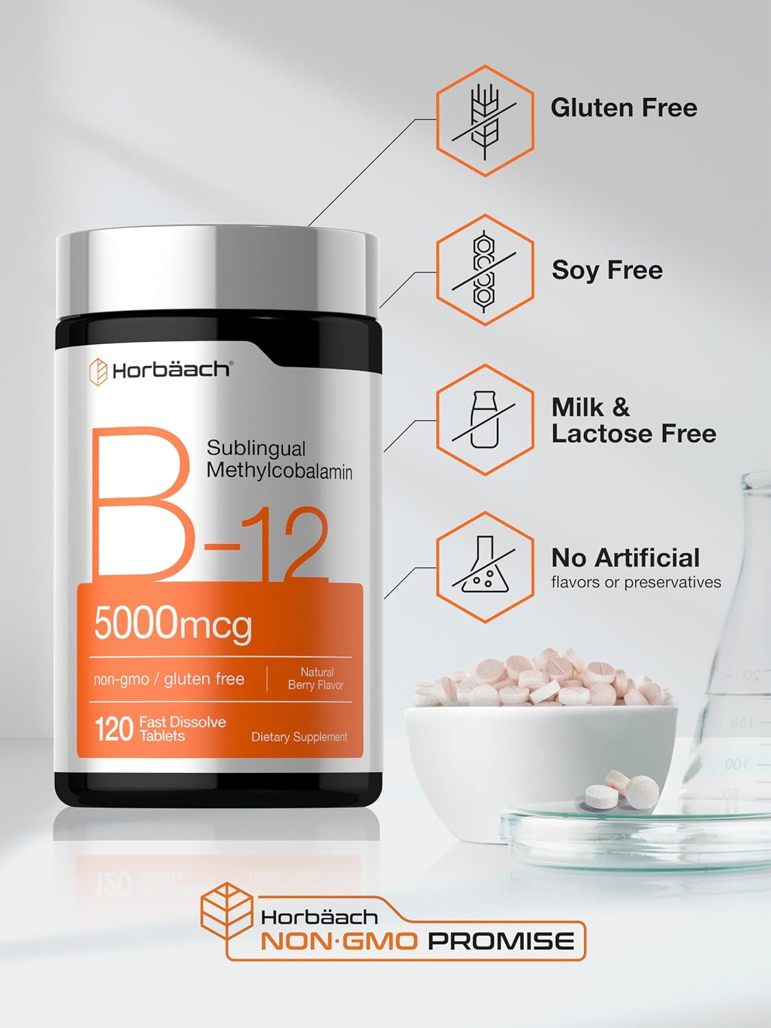 Horbäach، مکمل ویتامین B12، 5000 میکروگرم، قرص زیرزبانی، طعم توت