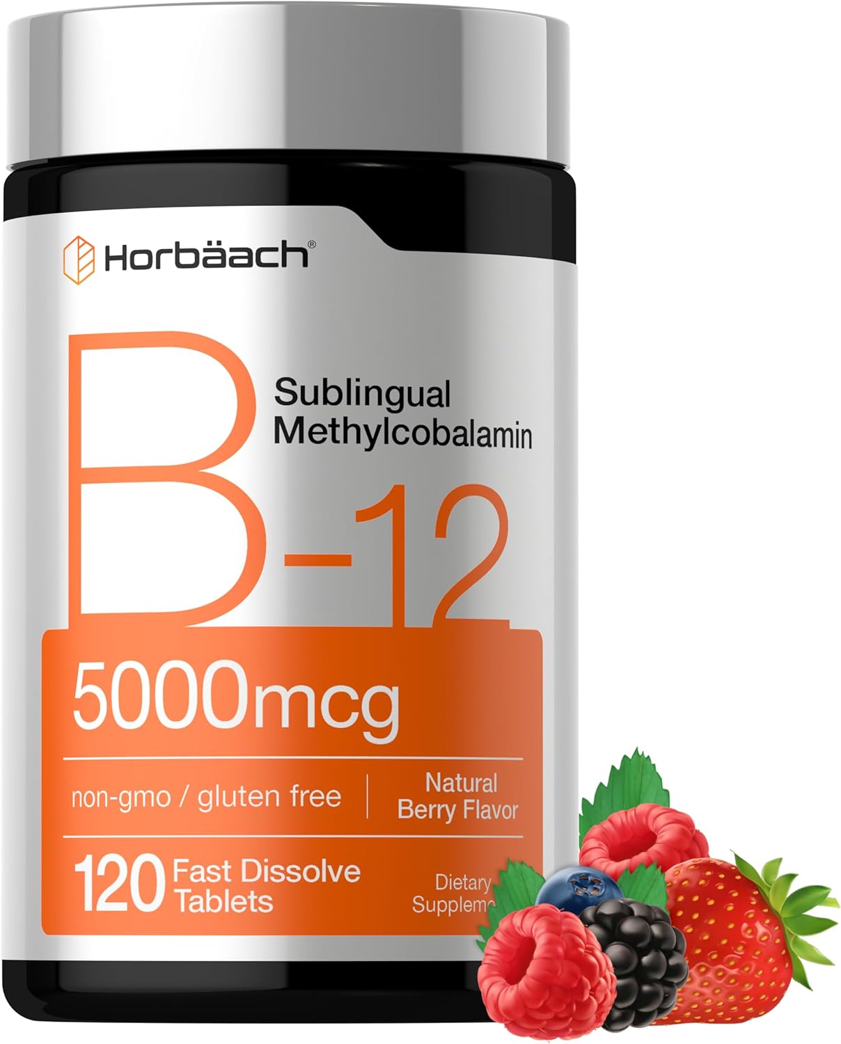 Horbäach، مکمل ویتامین B12، 5000 میکروگرم، قرص زیرزبانی، طعم توت