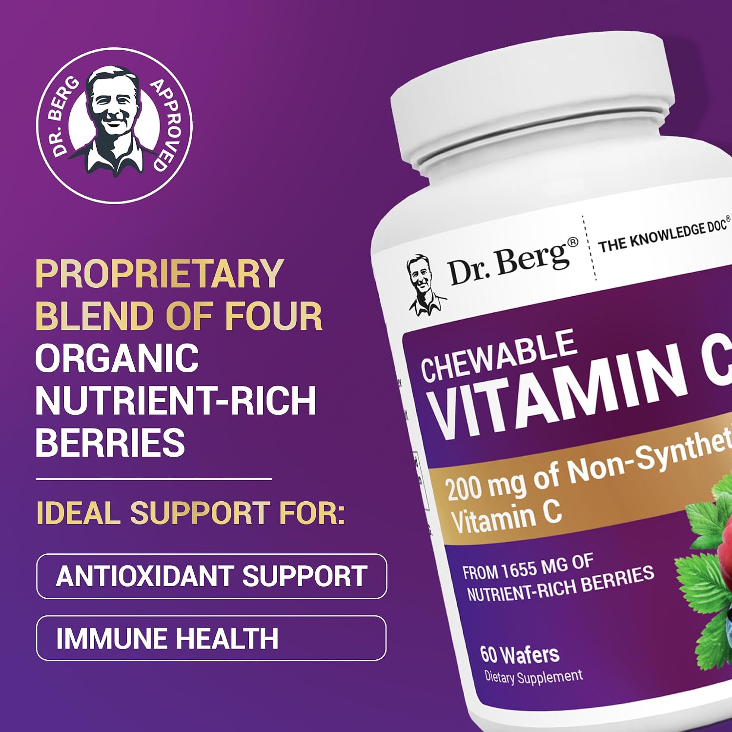 Dr. Berg Nutritionals، مکمل ویتامین C، 60 قرص جویدنی، طعم توت‌های جنگلی