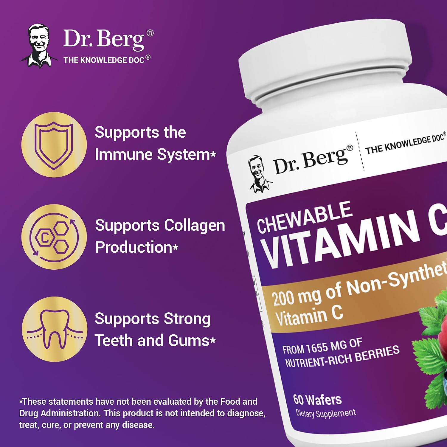Dr. Berg Nutritionals، مکمل ویتامین C، 60 قرص جویدنی، طعم توت‌های جنگلی