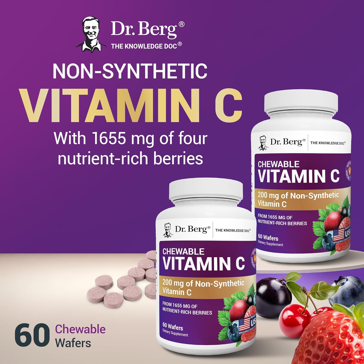 Dr. Berg Nutritionals، مکمل ویتامین C، 60 قرص جویدنی، طعم توت‌های جنگلی