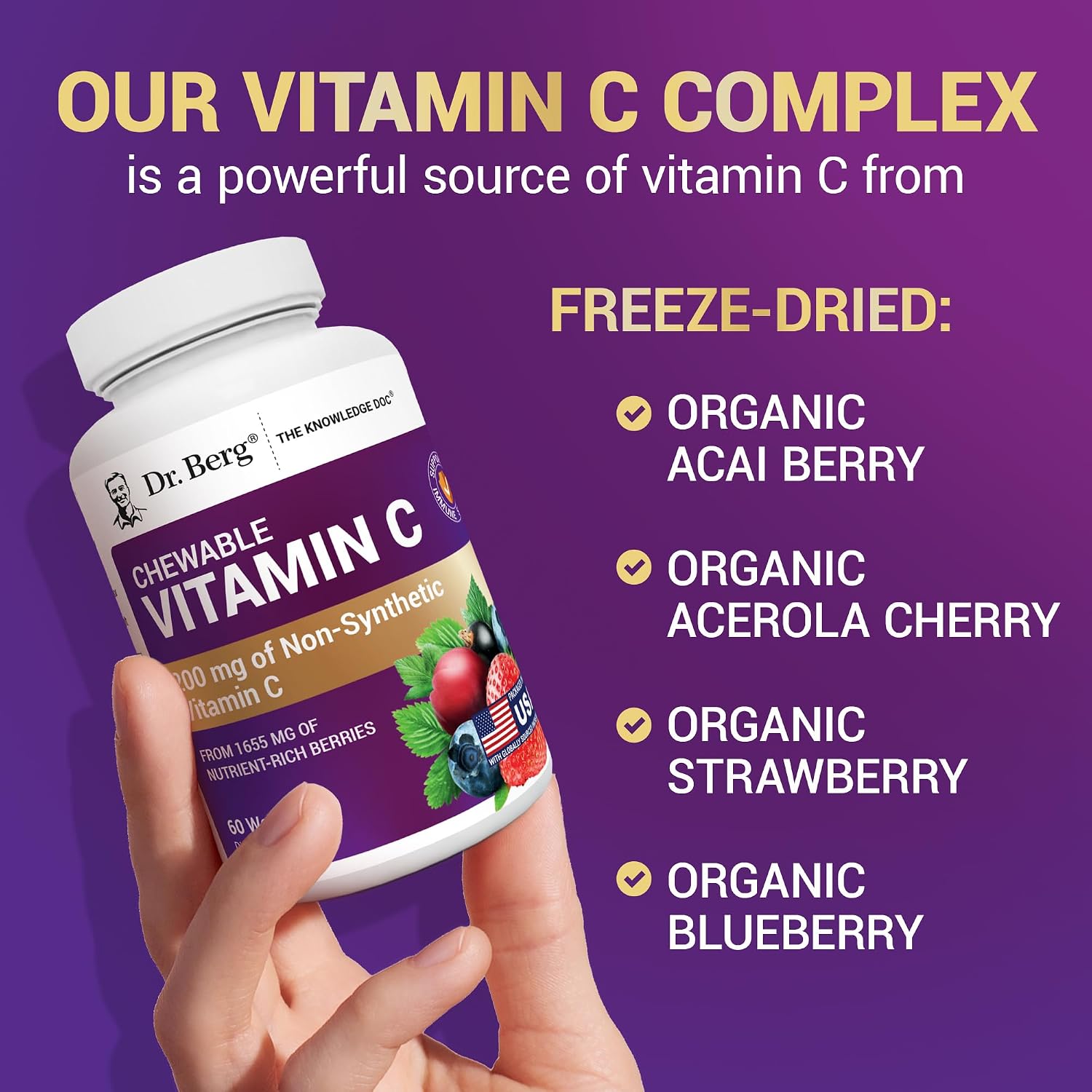 Dr. Berg Nutritionals، مکمل ویتامین C، 60 قرص جویدنی، طعم توت‌های جنگلی