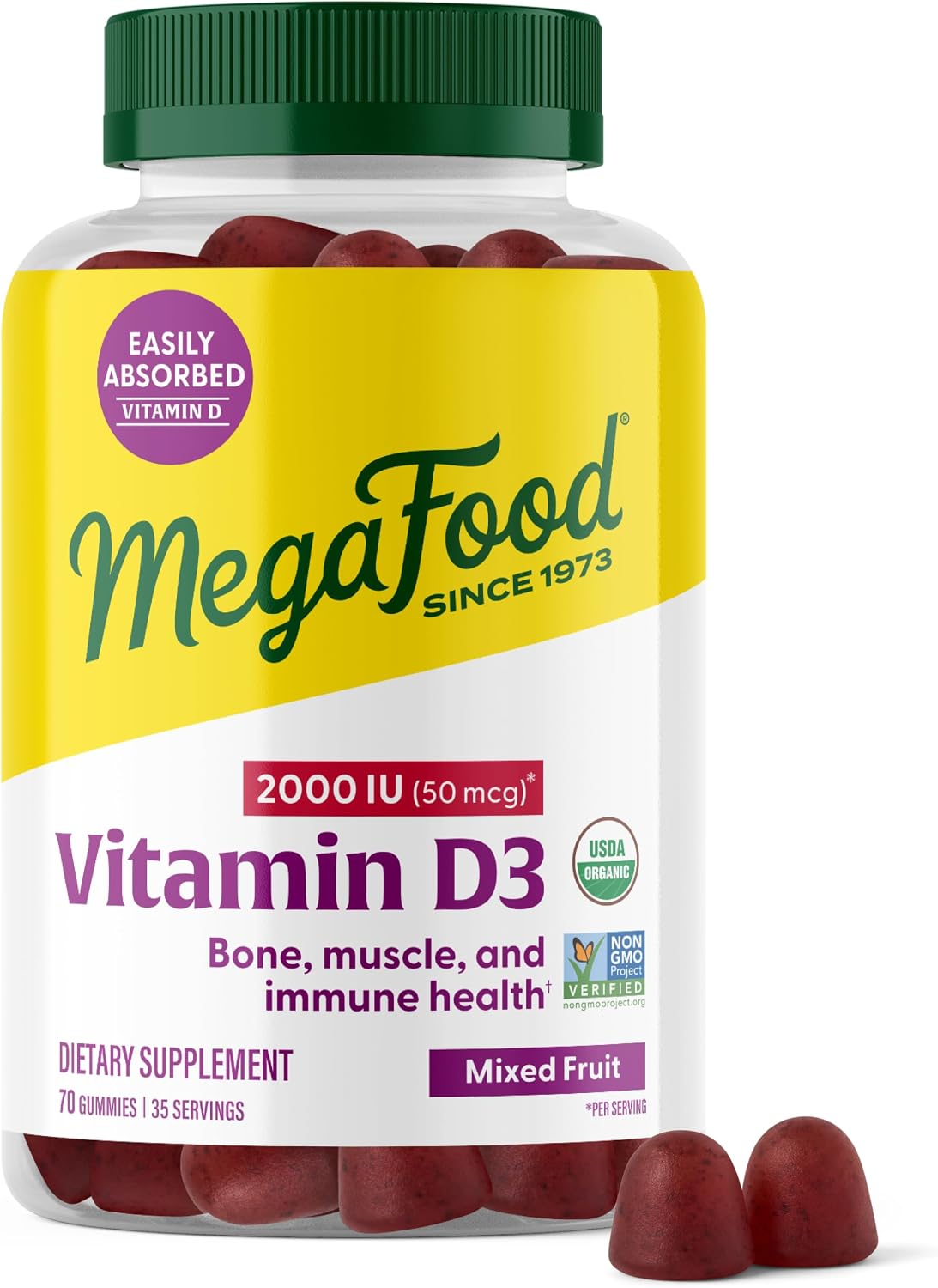 MegaFood، مکمل ویتامین D3، 2000 IU و 50 میکروگرم، 70 پاستیل، مناسب کودکان، طعم میوه‌های مخلوط