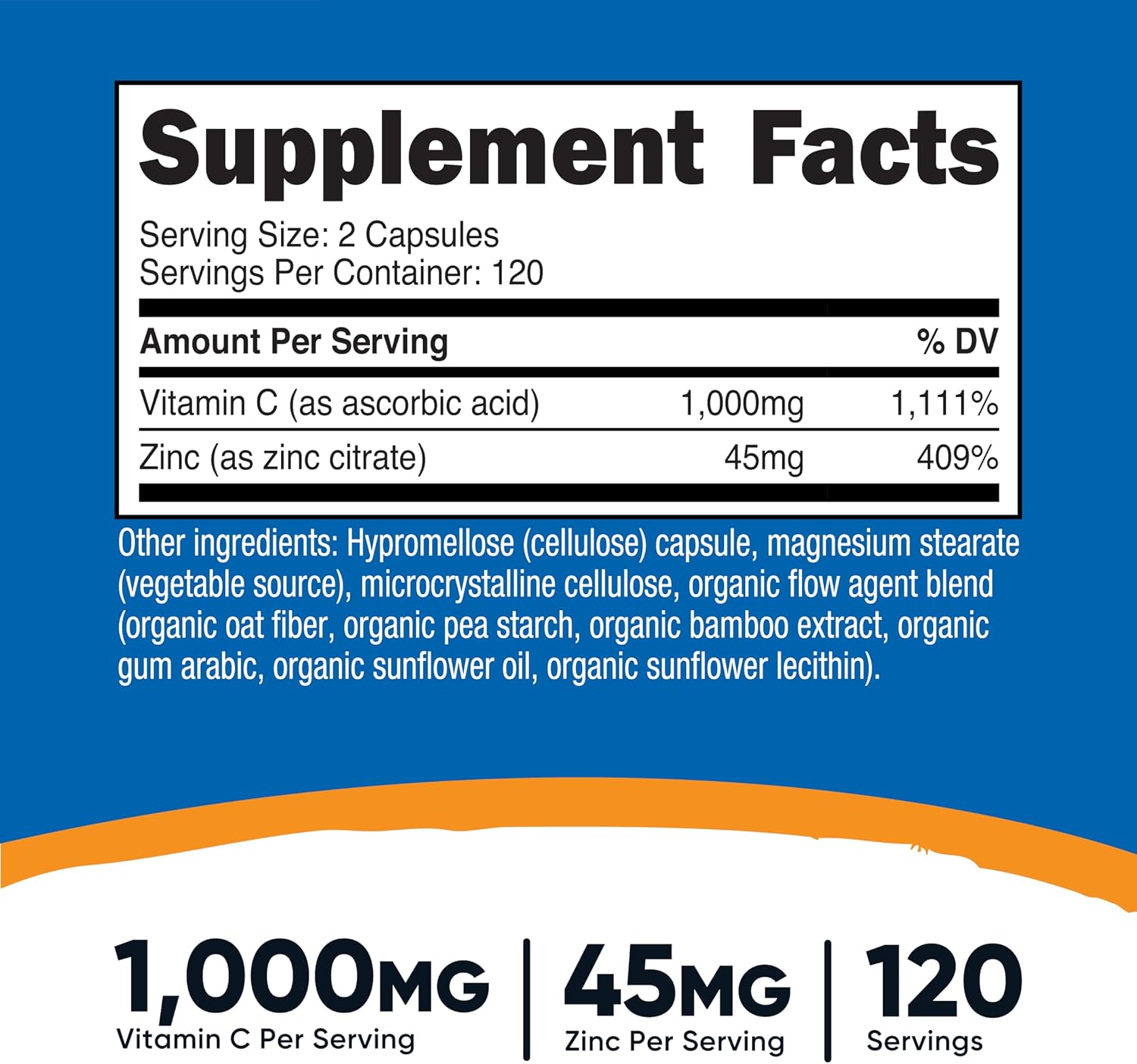 Nutricost، مکمل ویتامین C، 1000 میلی‌گرم و 45 میلی‌گرم، 120 کپسول