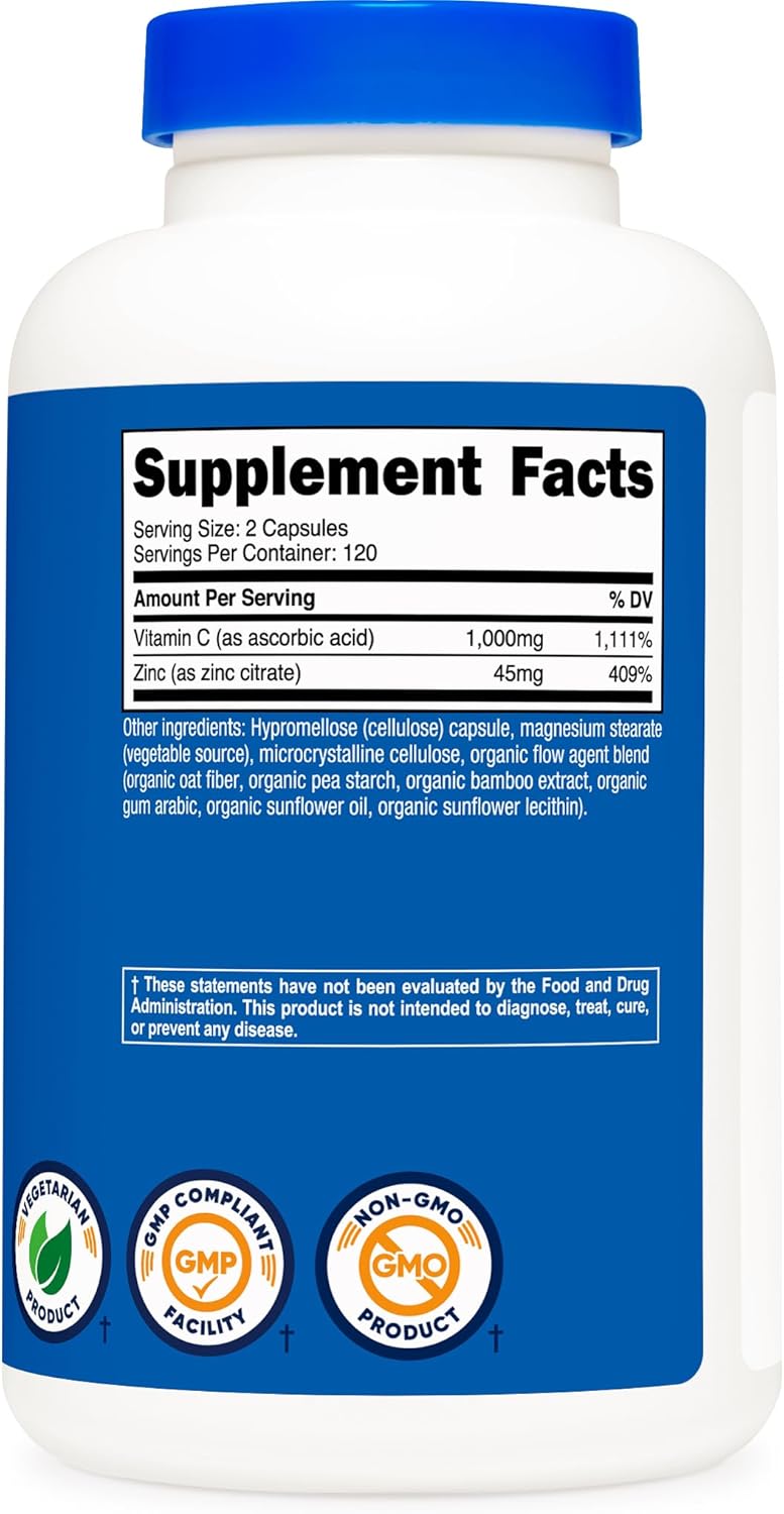 Nutricost، مکمل ویتامین C، 1000 میلی‌گرم و 45 میلی‌گرم، 120 کپسول