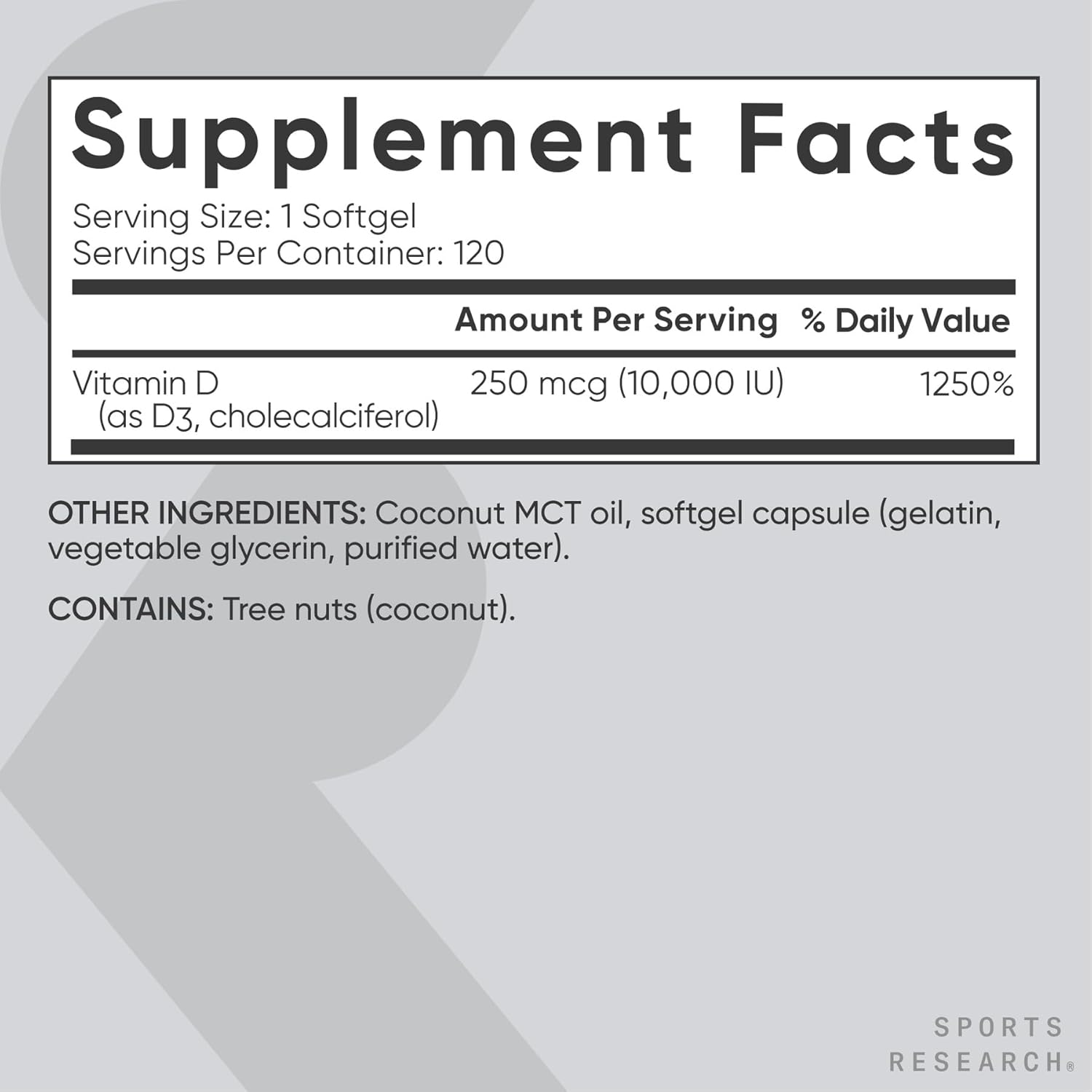 Sports Research، مکمل ویتامین D3، 250 میکروگرم و 10,000 IU، 120 سافت‌ژل