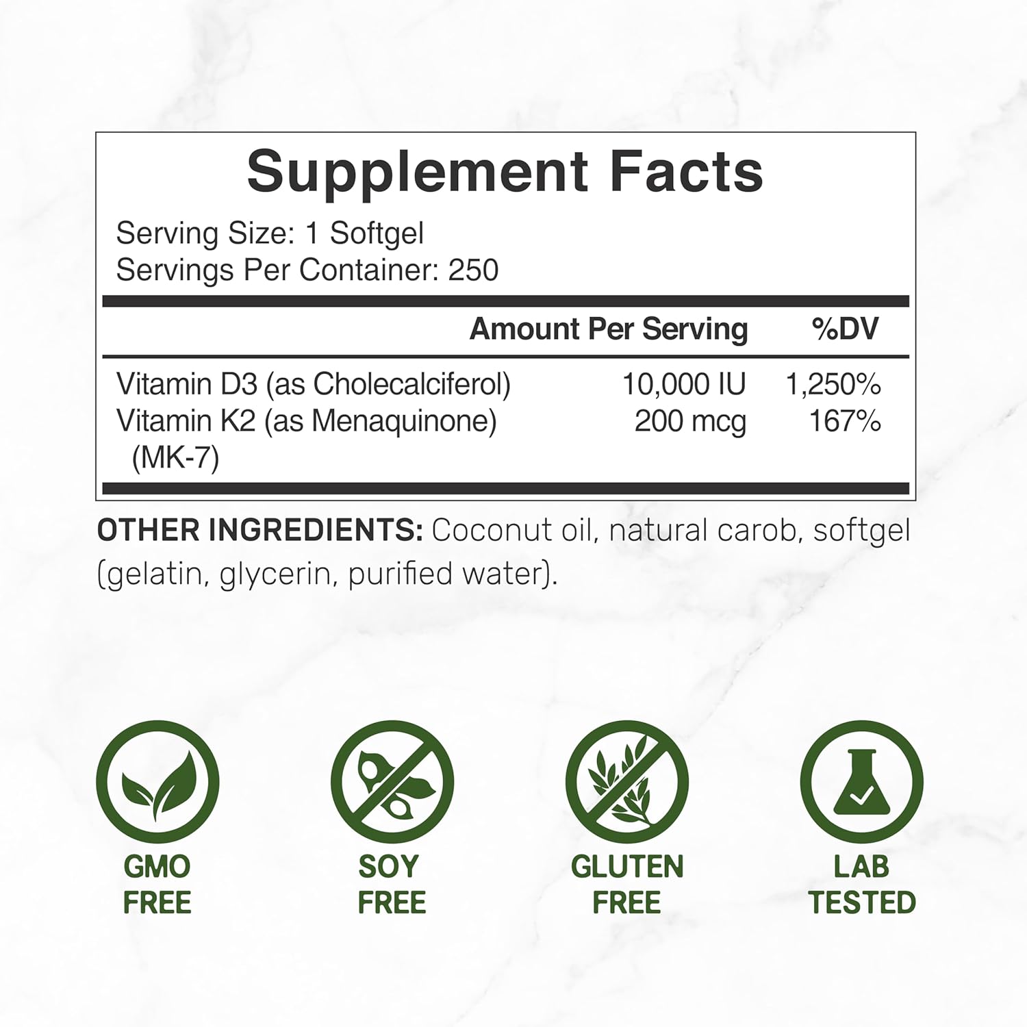 DEAL SUPPLEMENT، مکمل ویتامین D3 و K2، 10,000 IU و 200 میکروگرم، 250 سافت‌ژل
