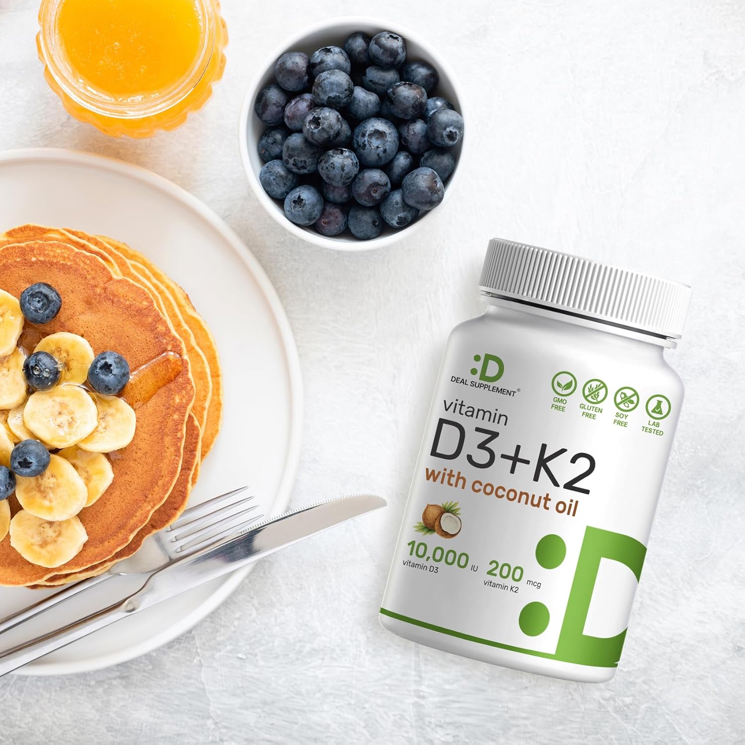 DEAL SUPPLEMENT، مکمل ویتامین D3 و K2، 10,000 IU و 200 میکروگرم، 250 سافت‌ژل