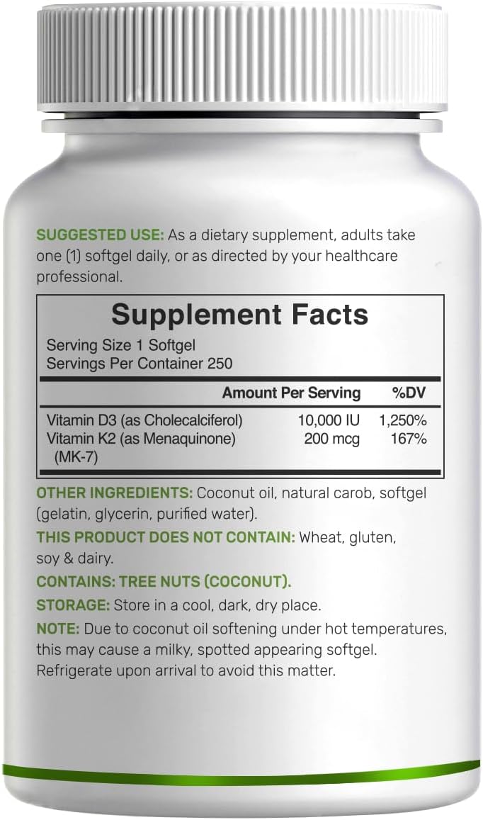 DEAL SUPPLEMENT، مکمل ویتامین D3 و K2، 10,000 IU و 200 میکروگرم، 250 سافت‌ژل