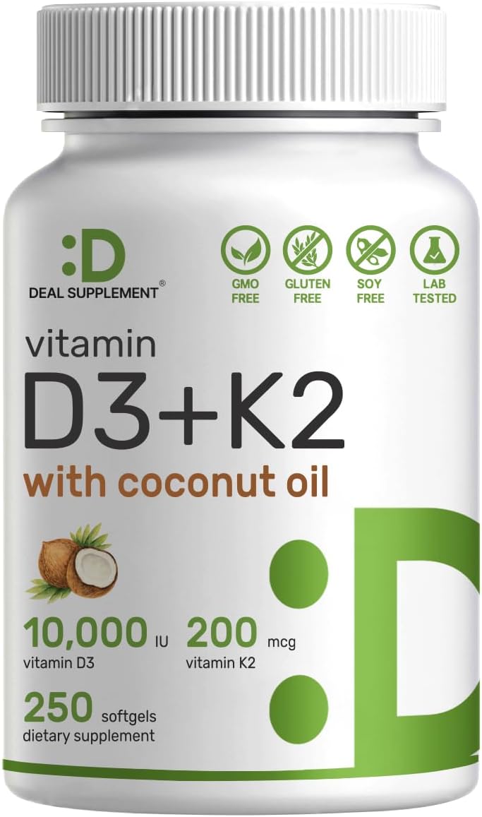 DEAL SUPPLEMENT، مکمل ویتامین D3 و K2، 10,000 IU و 200 میکروگرم، 250 سافت‌ژل