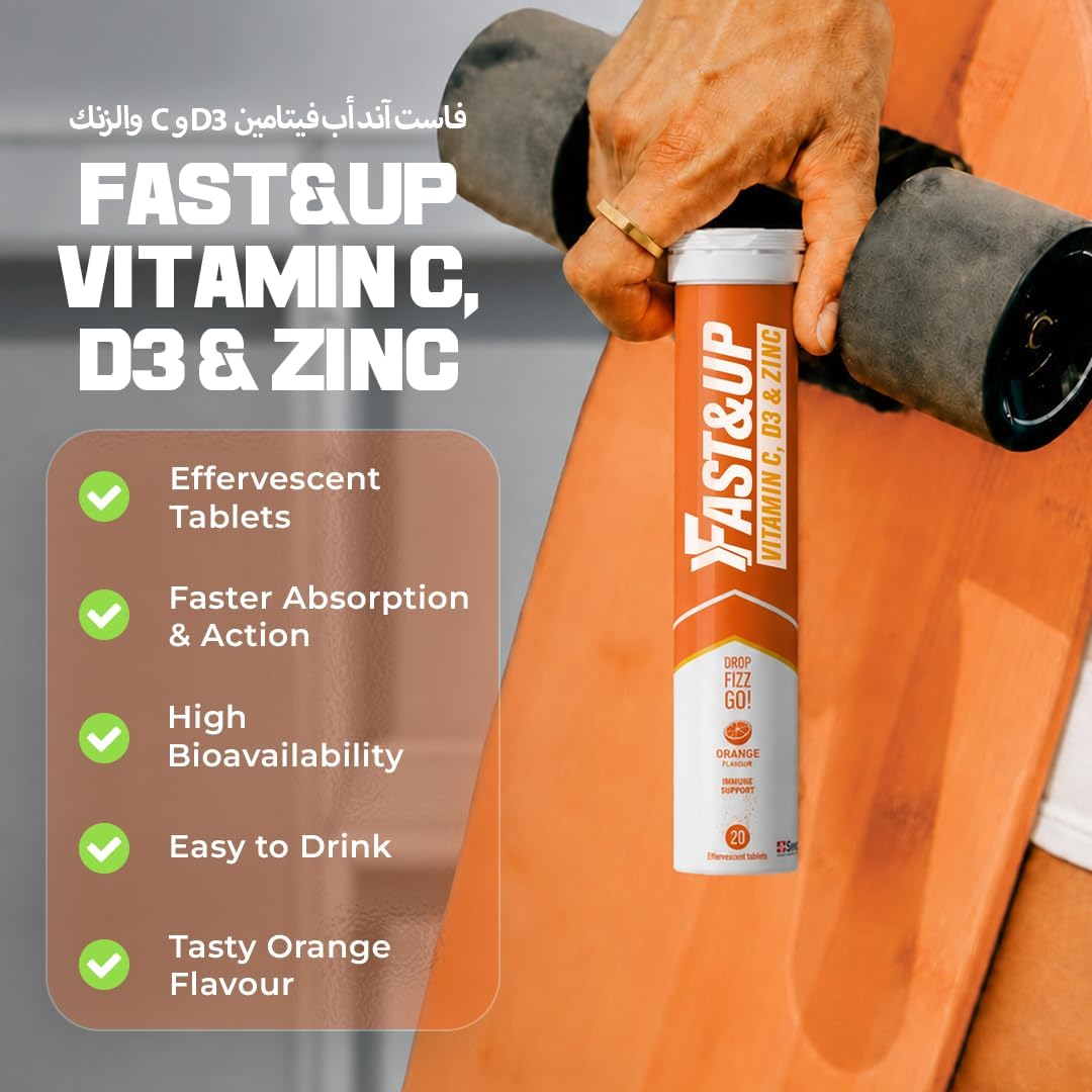 FAST&UP، مکمل ویتامین D3، مدل C-1000، 1000 میلی‌گرم و 50 میکروگرم، قرص جوشان، طعم پرتقال