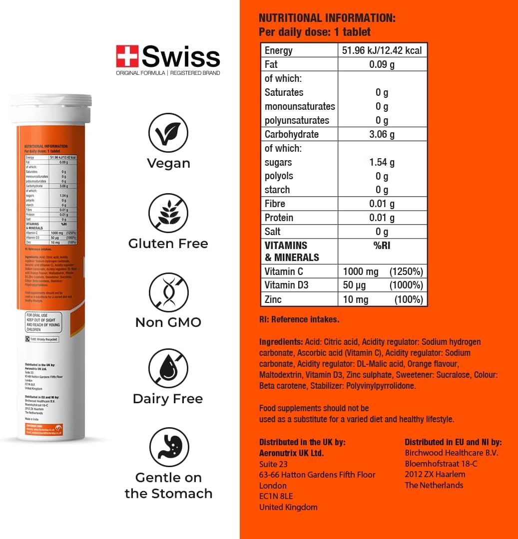 FAST&UP، مکمل ویتامین D3، مدل C-1000، 1000 میلی‌گرم و 50 میکروگرم، قرص جوشان، طعم پرتقال