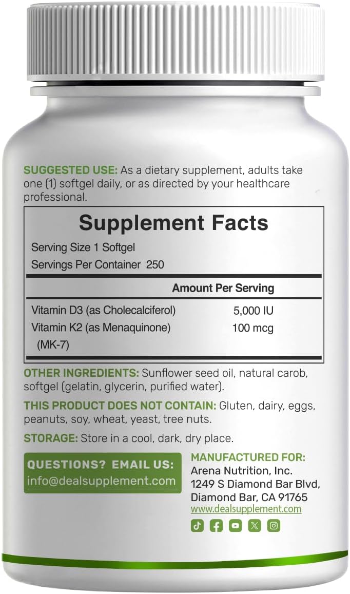 DEAL SUPPLEMENT، مکمل ویتامین D3 و K2، مدل D3 K2، 5000 IU، 2 سافت‌ژل