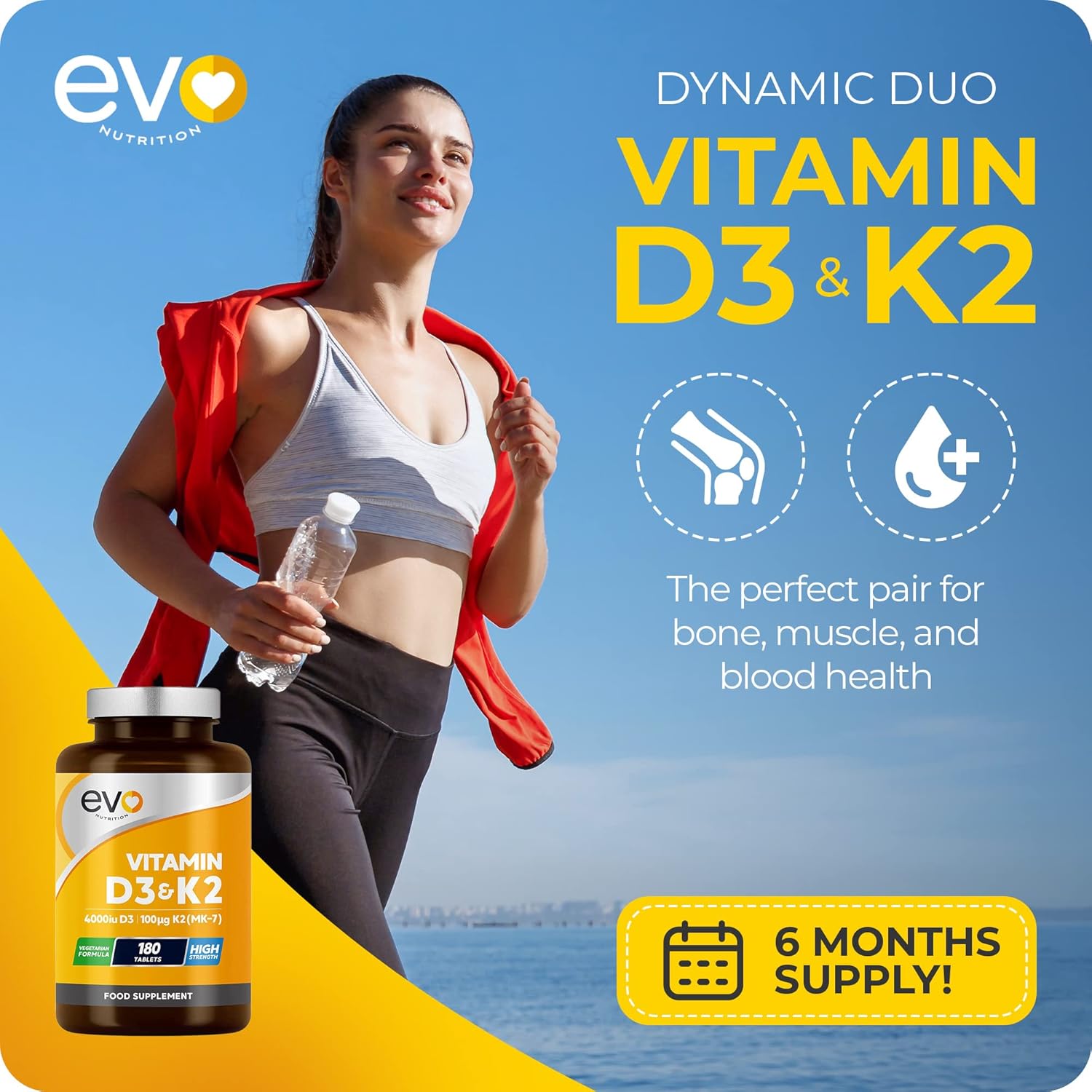 EVO NUTRITION، مکمل ویتامین D3 و K2، 4000 IU و 100 میکروگرم، قرص