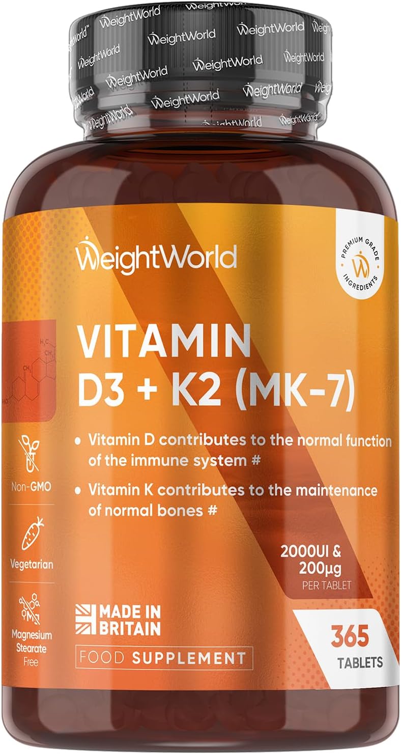 WeightWorld، مکمل ویتامین D3 و K2، مدل D3 & K2، 2,000 IU و 200 میکروگرم، 365 قرص