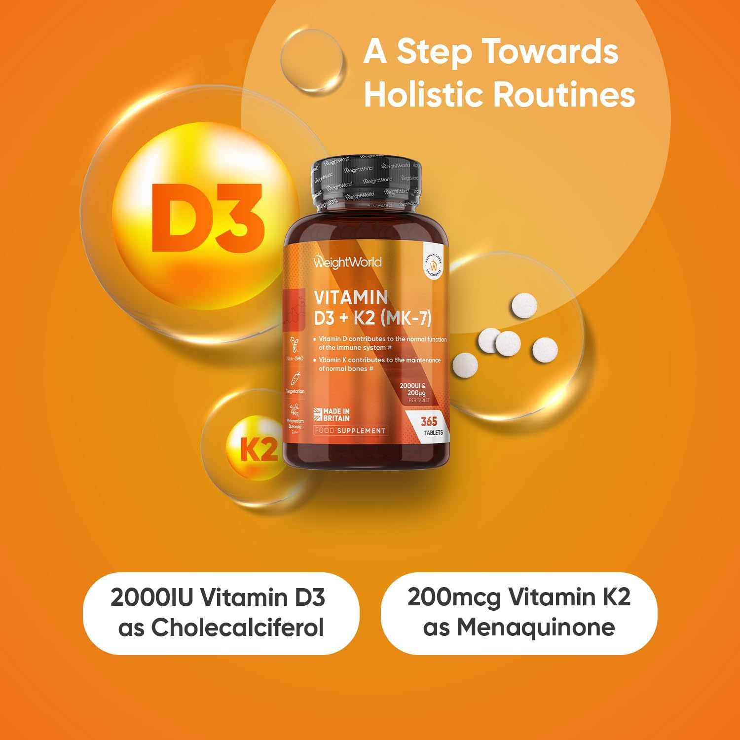 WeightWorld، مکمل ویتامین D3 و K2، مدل D3 & K2، 2,000 IU و 200 میکروگرم، 365 قرص