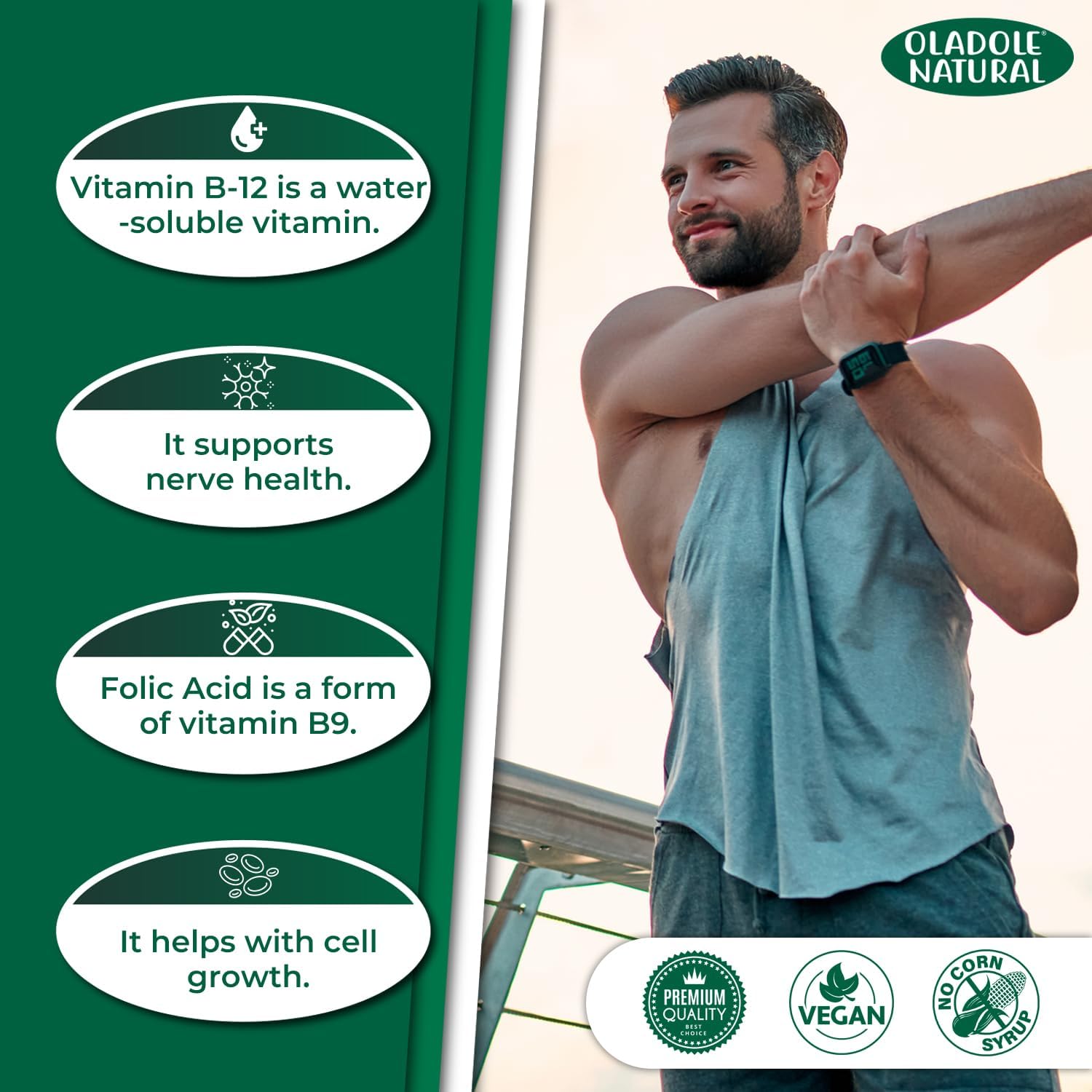 Oladole Natural، مکمل ویتامین B12، 1000 میکروگرم، 100 قرص