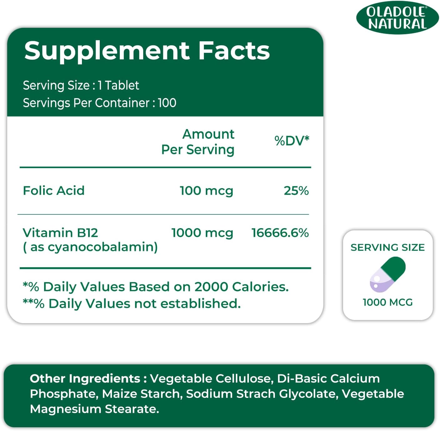 Oladole Natural، مکمل ویتامین B12، 1000 میکروگرم، 100 قرص