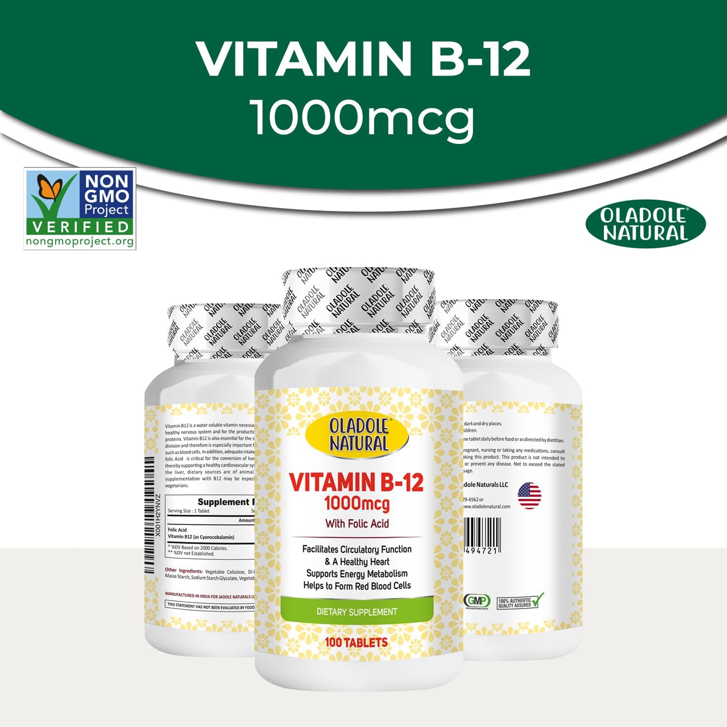 Oladole Natural، مکمل ویتامین B12، 1000 میکروگرم، 100 قرص