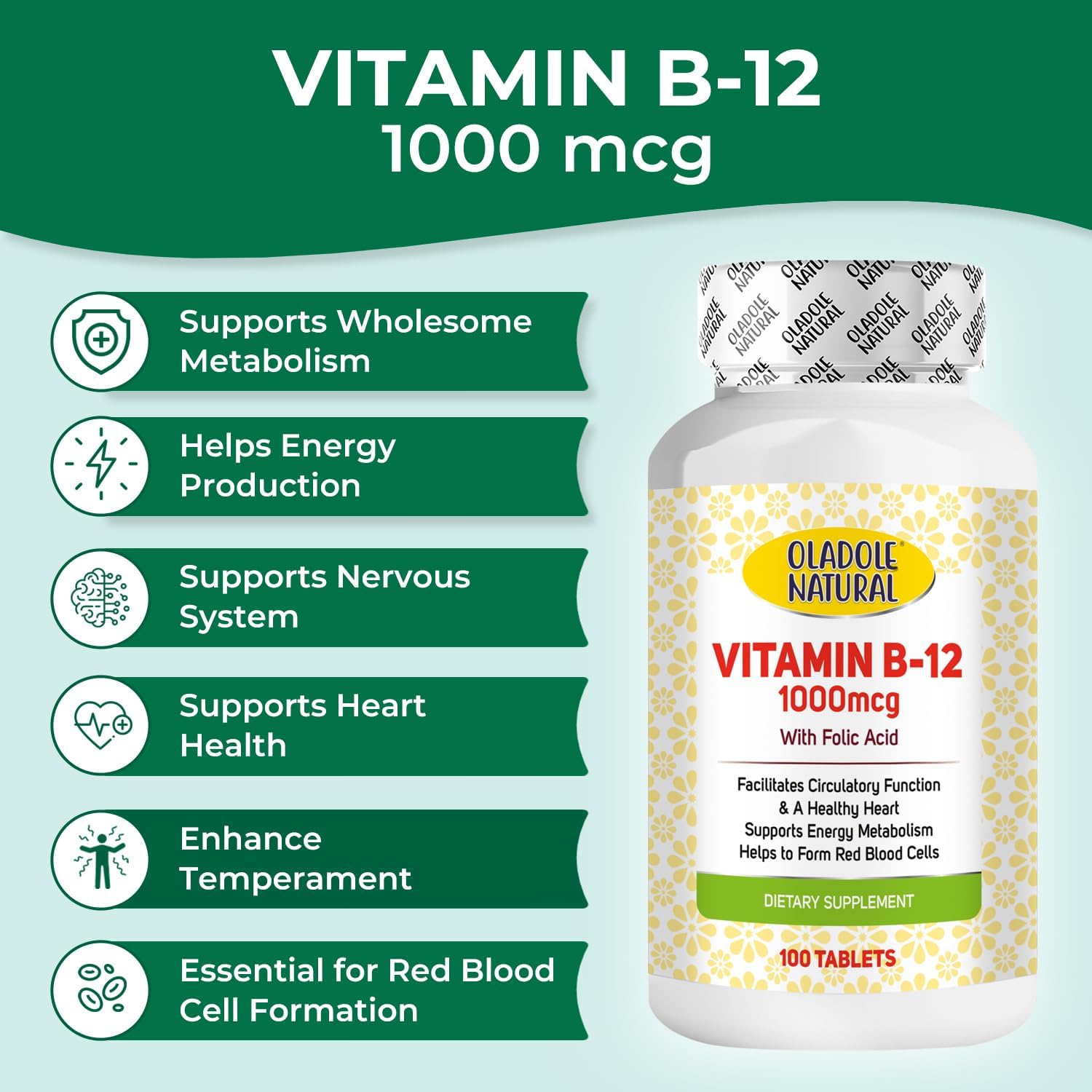 Oladole Natural، مکمل ویتامین B12، 1000 میکروگرم، 100 قرص