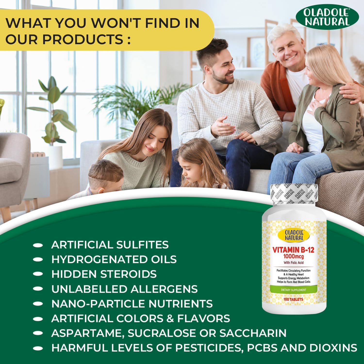 Oladole Natural، مکمل ویتامین B12، 1000 میکروگرم، 100 قرص