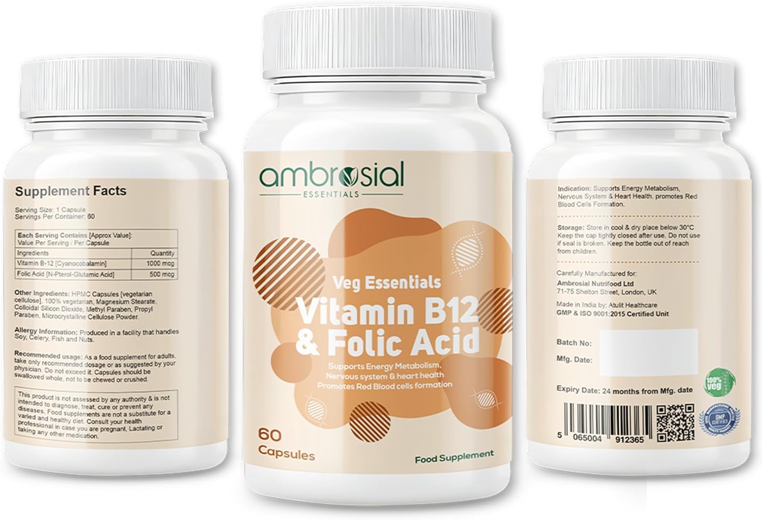 AMBROSIAL، مکمل ویتامین B12، 1000 میکروگرم و 500 میکروگرم، 60 کپسول