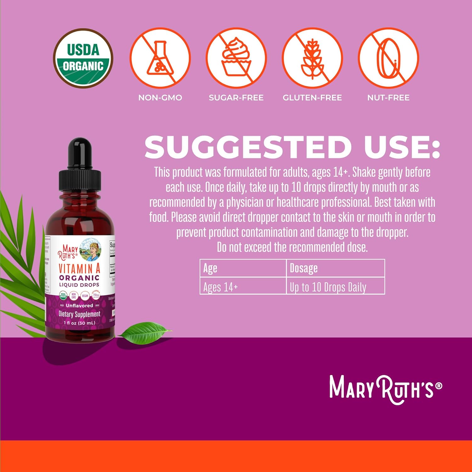 MaryRuth Organics، مکمل ویتامین A، 750 میکروگرم، مایع