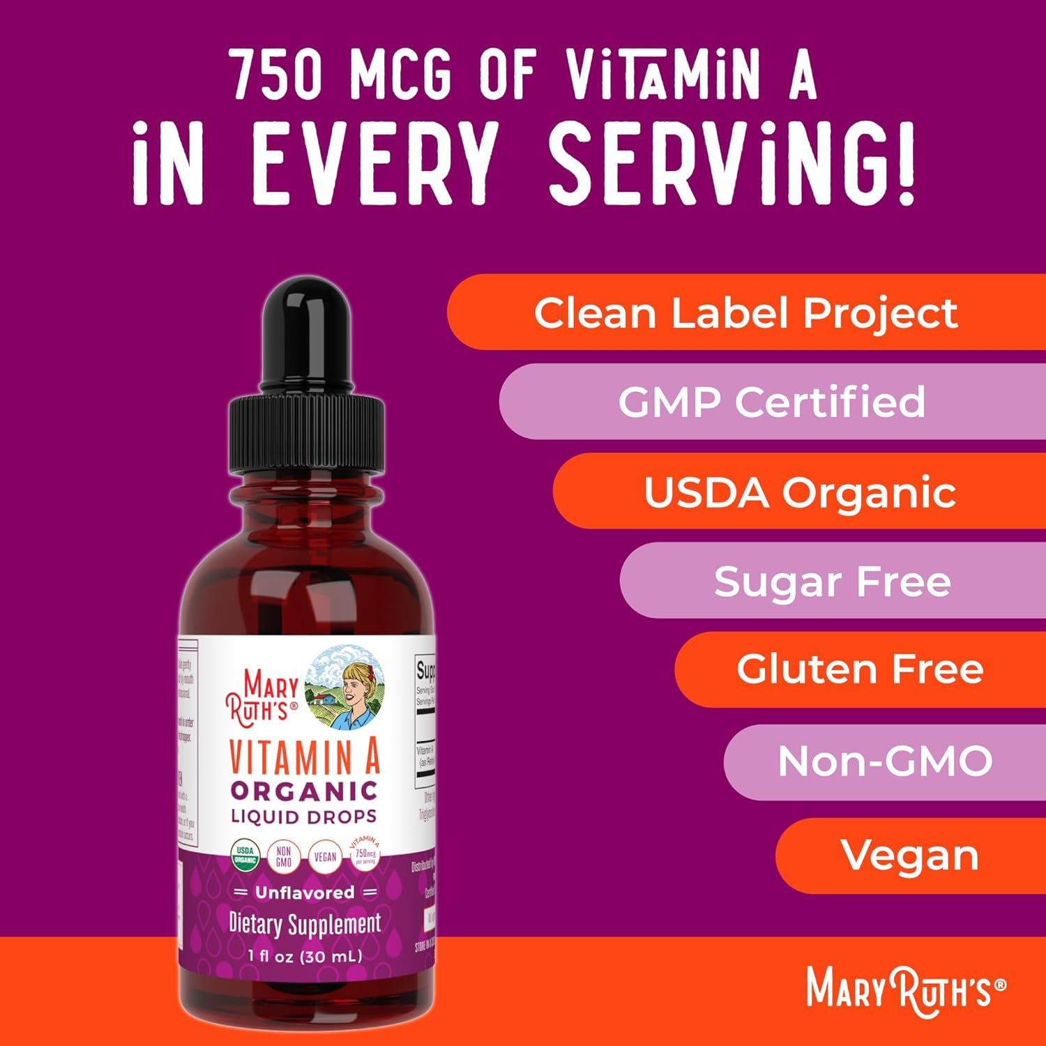 MaryRuth Organics، مکمل ویتامین A، 750 میکروگرم، مایع