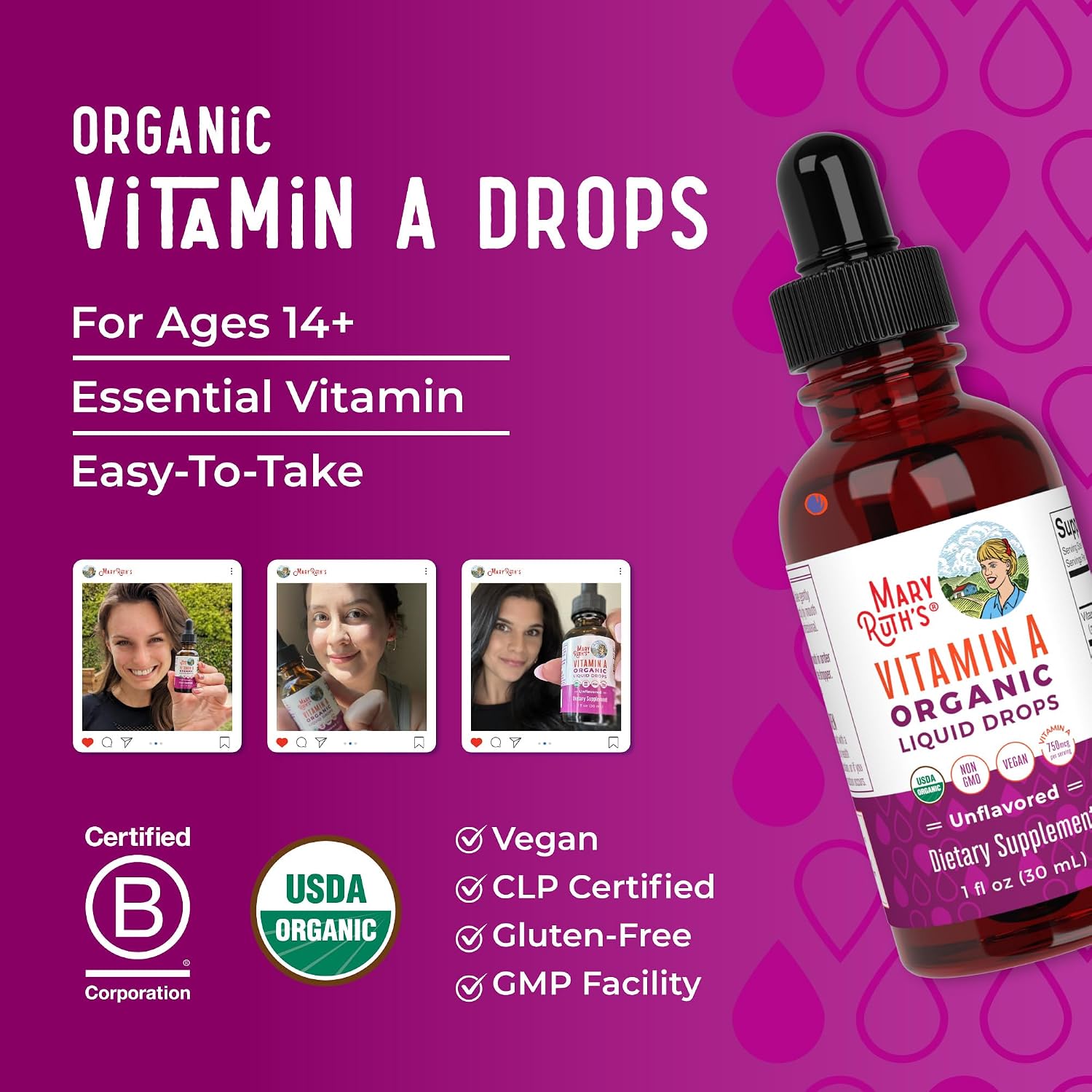 MaryRuth Organics، مکمل ویتامین A، 750 میکروگرم، مایع