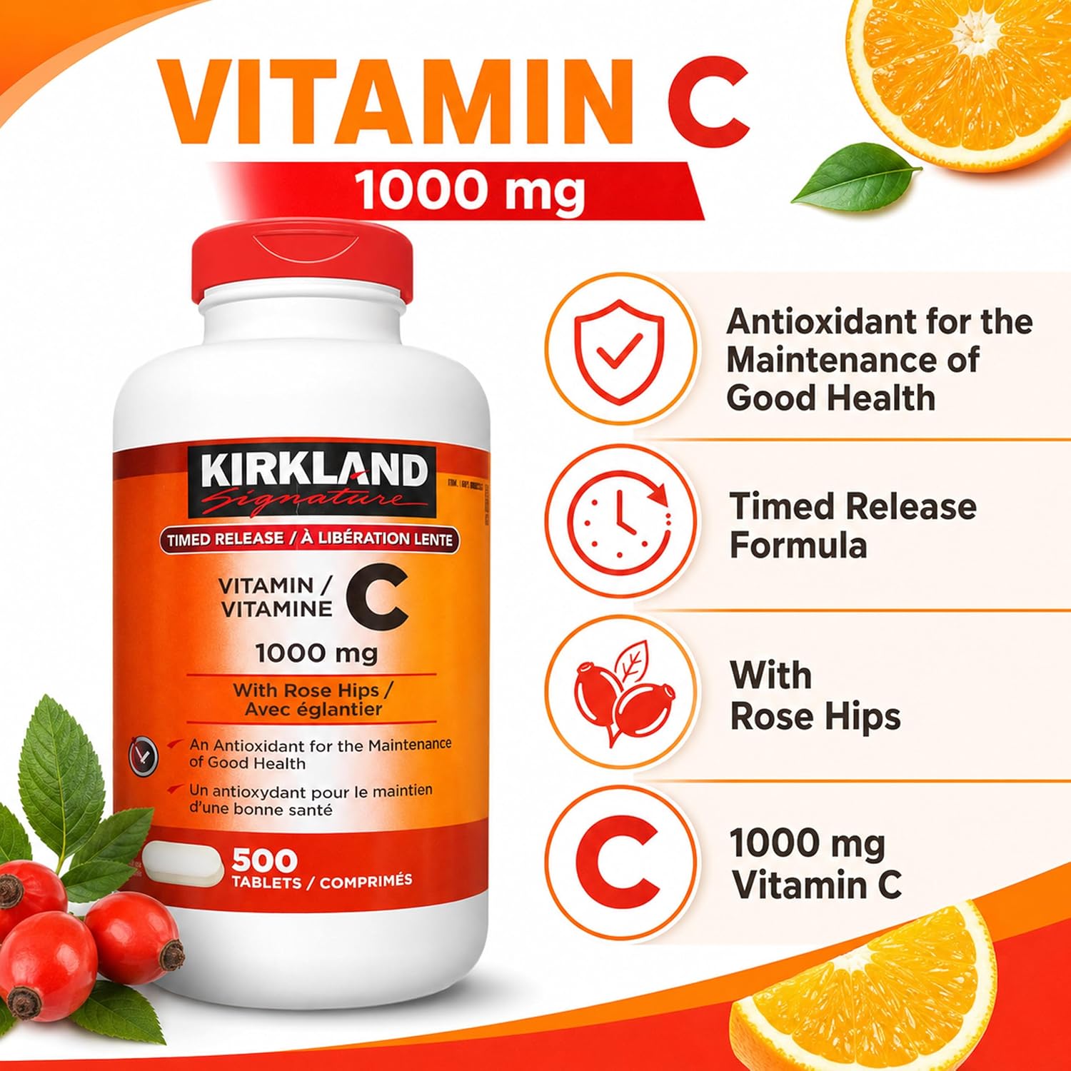 KIRKLAND، مکمل ویتامین C، 1000 میلی‌گرم، 500 قرص